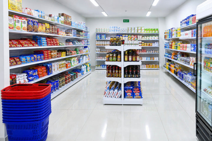 tienda de abarrotes equipada con góndolas y canastillas de autoservicio