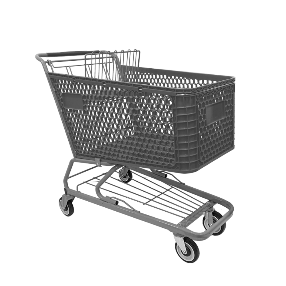 Carro de Autoservicio Híbrido JM (Canasta Plástica y Chasis Tubular Gris)