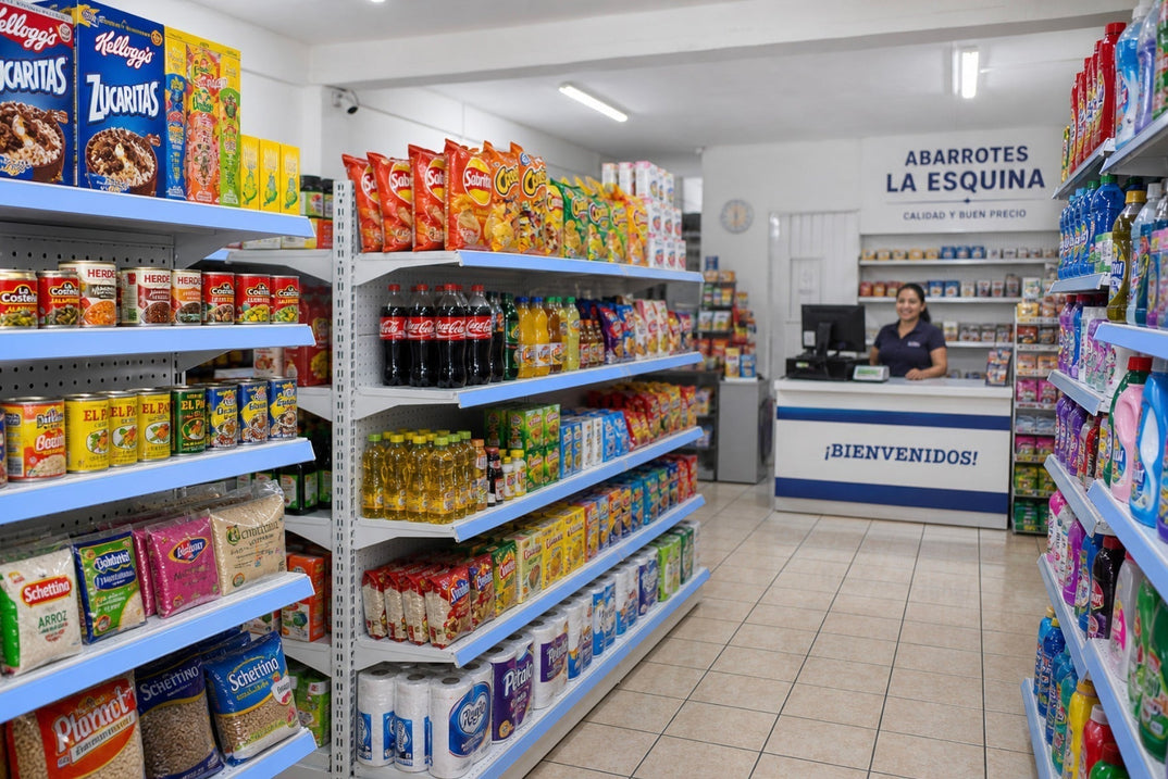  tienda de abarrotes equipada con góndolas metálicas y mostrador