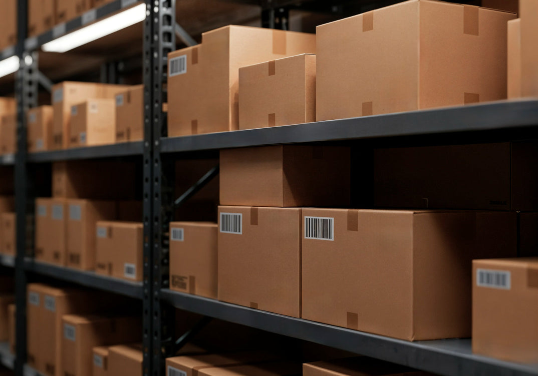Espacio organizado con racks metálicos para almacenamiento eficiente.