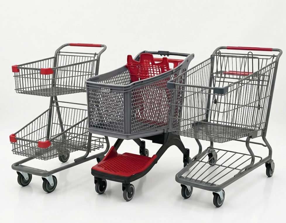 Diferentes tipos de carritos de supermercado para tiendas en México: doble canastilla, estándar y plástico 