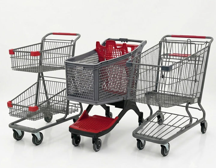Diferentes tipos de carritos de supermercado para tiendas en México: doble canastilla, estándar y plástico 