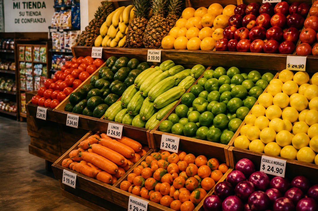 Estantes con frutas y verduras acomodadas por colores en tienda.