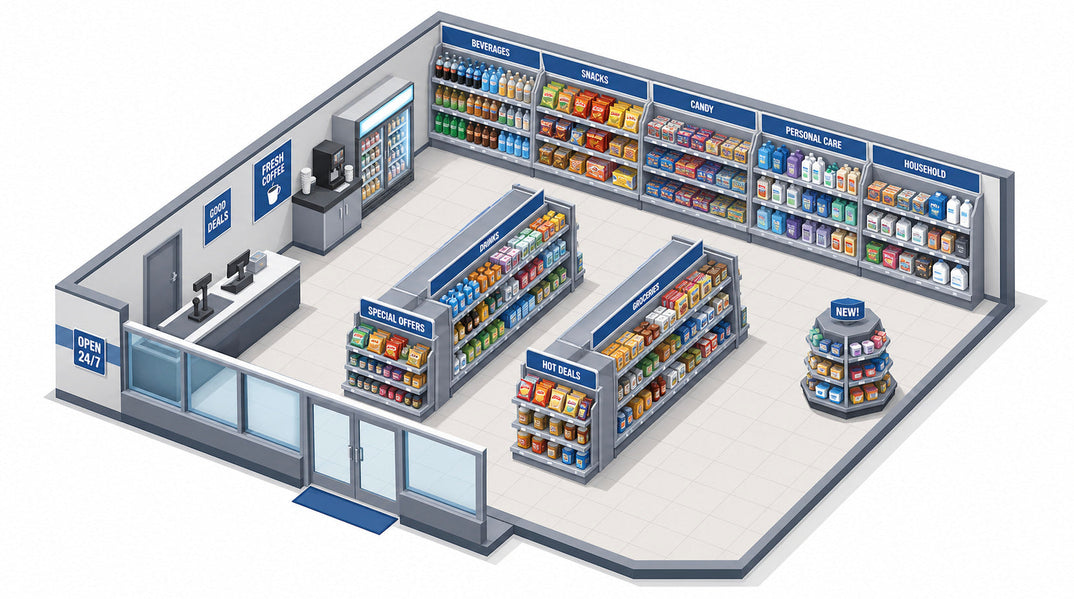 Plano 3D de tienda que muestra dónde se coloca cada tipo de góndola para tienda.